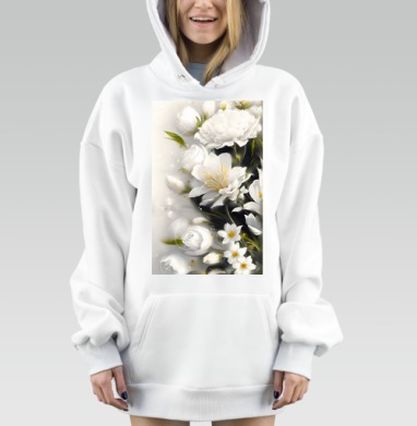 Белые цветы с зеленью в весеннем цветущем саду, Hoodie Mjhigh Dig, оверсайз, утепленная
