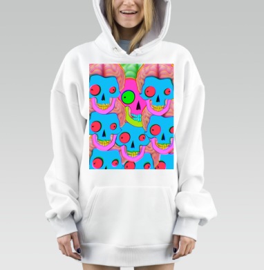 Яркая голубая серия черепов с зеленым выделяющимся черепом, Hoodie Mjhigh Dig, оверсайз, утепленная
