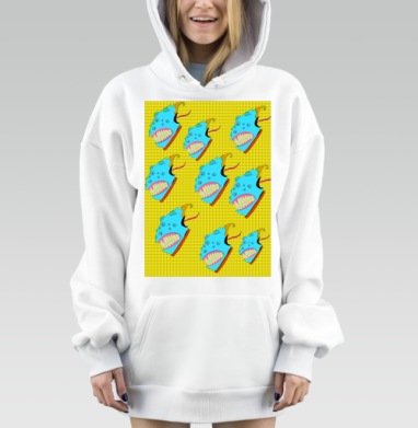 Агрессивные лица с зубами оранжево голубые на жёлтом фоне, Hoodie Mjhigh Dig, оверсайз, утепленная