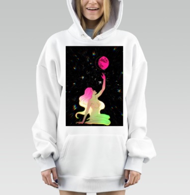 Женщина Дотягивается до Луны в Космическом Пространстве, Hoodie Mjhigh Dig, оверсайз, утепленная