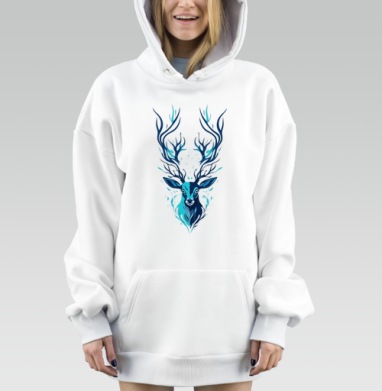 Олень с ветвистыми рогами в синей гамме, Hoodie Mjhigh Dig, оверсайз, утепленная