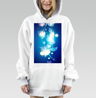Магическое свечение нежности голубых цветов на темном фоне, Hoodie Mjhigh Dig, оверсайз, утепленная