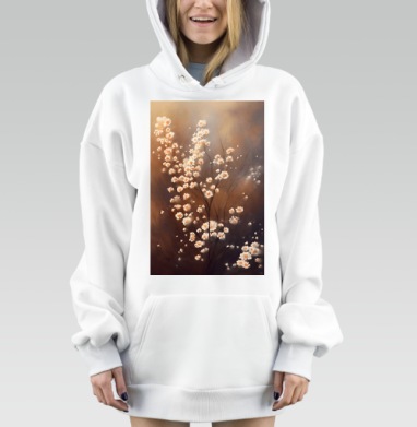 Нежные белые цветы на ветках с тёплыми коричневыми оттенками на фоне, Hoodie Mjhigh Dig, оверсайз, утепленная