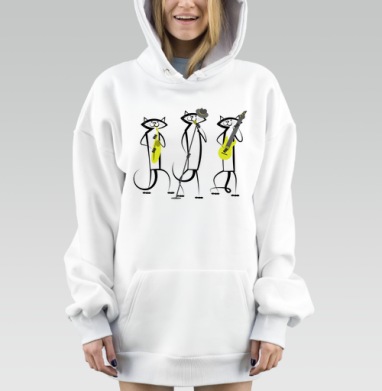 Коты играют джаз на музыкальных инструментах веселое выступление, Hoodie Mjhigh Dig, оверсайз, утепленная