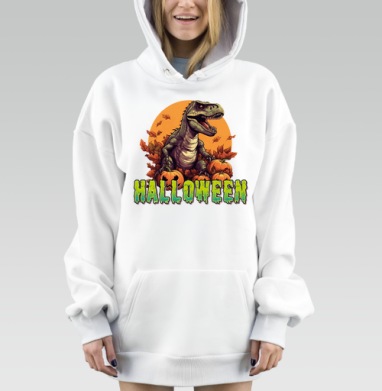 Динозавр с тыквами на Хэллоуин осенние листья, Hoodie Mjhigh Dig, оверсайз, утепленная