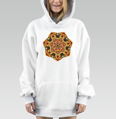 Геометрическая мандала в тёплых оттенках на сером фоне, Hoodie Mjhigh Dig, оверсайз, утепленная