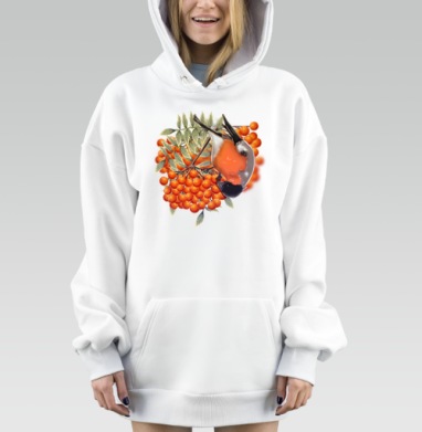 Снегирь на ветке рябины зимой на светлом фоне, Hoodie Mjhigh Dig, оверсайз, утепленная