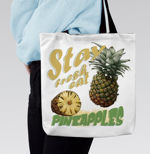 Свежий ананас с натуральной текстурой и надписями pineapples, Сумка с ручкой и внутренним карманом на молнии