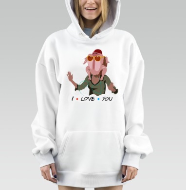 Комичный человек с индейкой на голове на фоне I LOVE YOU, Hoodie Mjhigh Dig, оверсайз, утепленная