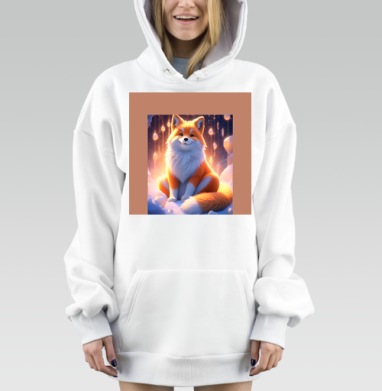 Лисёнок в сказочном свете теплых огоньков на снегу, Hoodie Mjhigh Dig, оверсайз, утепленная