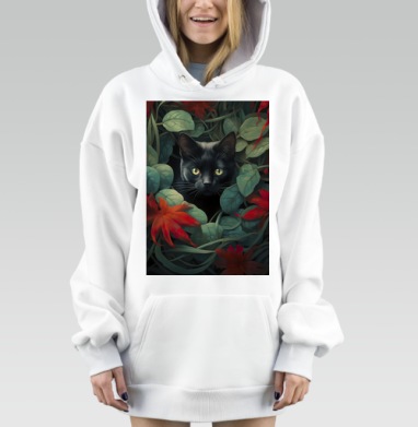Кот в зеленой листве с красными листьями Кот в листве, Hoodie Mjhigh Dig, оверсайз, утепленная