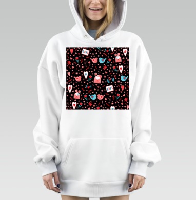 Романтические голуби с письмами и сердцами на чёрном фоне, Hoodie Mjhigh Dig, оверсайз, утепленная