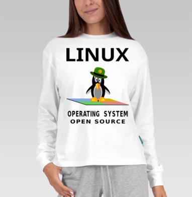 Пингвин в зеленой шляпе на фоне Linux операционная система open source, Футболка лонгслив женская белая