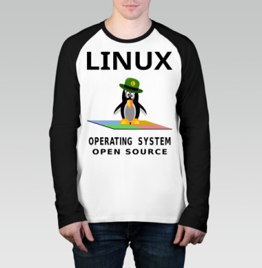 Пингвин в зеленой шляпе на фоне Linux операционная система open source, Футболка длинный рукав / Мужчинам / Реглан / Принт