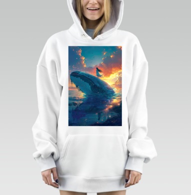 Девочка стоит на гигантском синем ките закатное небо, Hoodie Mjhigh Dig, оверсайз, утепленная