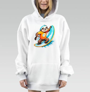 Веселый ленивец на серфе с яркими цветами, Hoodie Mjhigh Dig, оверсайз, утепленная