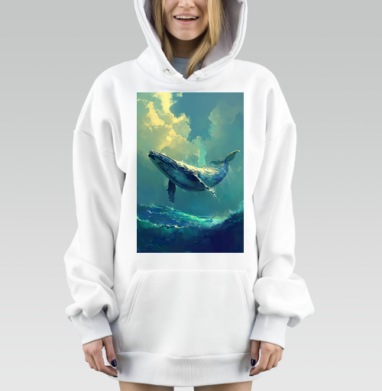 Летающий кит среди сияющего океана и облаков, Hoodie Mjhigh Dig, оверсайз, утепленная
