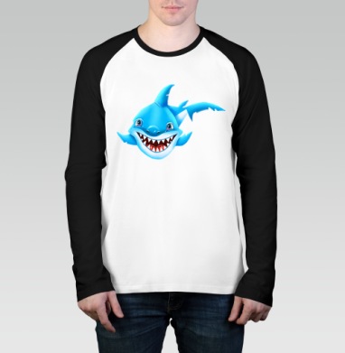 Жизнерадостный морской хищник мультяшная синяя акула Smiling Blue Shark, Футболка длинный рукав / Мужчинам / Реглан / Принт