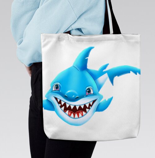 Жизнерадостный морской хищник мультяшная синяя акула Smiling Blue Shark, Сумка с ручкой и внутренним карманом на молнии