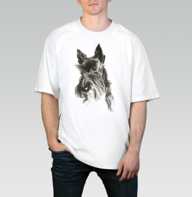 Scottish Terrier Шотландский терьер эскиз портрет черного пса, Футболка / Мужчинам / Оверсайз / Белая / C принтом