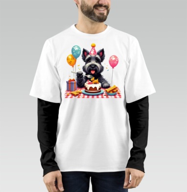 Маленький черный терьер отмечает первый юбилей Birthday Dog Party, Футболка мужская лонгслив OneOne