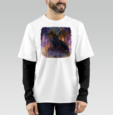 Загадочное создание с золотыми крыльями и рваной одеждой парит в огненной бездне, Футболка мужская лонгслив OneOne