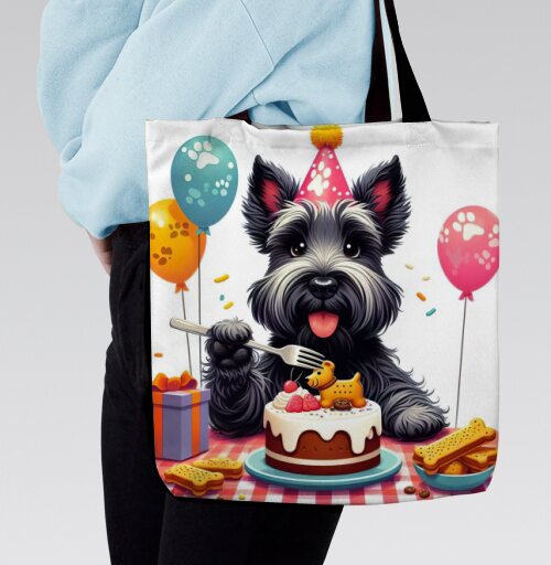 Маленький черный терьер отмечает первый юбилей Birthday Dog Party, Сумка с ручкой и внутренним карманом на молнии