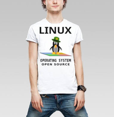 Пингвин в зеленой шляпе на фоне Linux операционная система open source - Магазин футболок Wladimir. Дизайнерские принты.