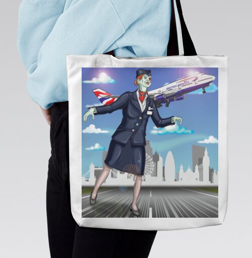 Стюардесса зомби на фоне британского самолета British Airways, Сумка с ручкой и внутренним карманом на молнии