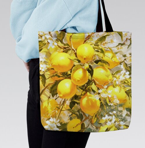 Яркие лимоны на ветке с цветами, Сумка с ручкой и внутренним карманом на молнии