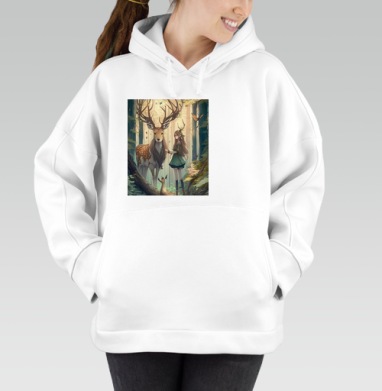 Девочка встречает волшебного оленя в сказочном лесу, Толстовка / Женская/ Оверсайз / Начес / Белая / C принтом