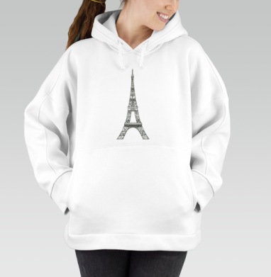 Черно белая Эйфелева башня с узорами медитативный рисунок, Толстовка / Женская/ Оверсайз / Начес / Белая / C принтом