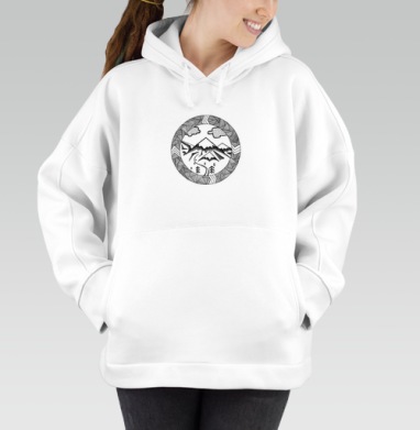 Величие гор в этническом круге, Толстовка / Женская/ Оверсайз / Начес / Белая / C принтом