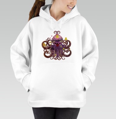 Surreal Octopus / Сюрреалистичный осьминог дружелюбного хаоса трикстер, Толстовка / Женская/ Оверсайз / Начес / Белая / C принтом