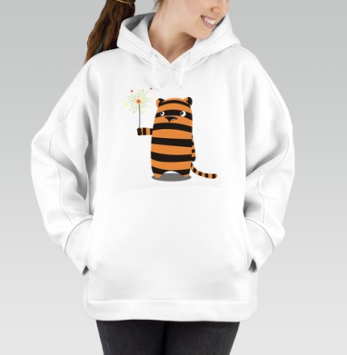 Derpy Tiger/Дерпи Тигр с бенгальским огнем в моменте маленького личного праздника, Толстовка / Женская/ Оверсайз / Начес / Белая / C принтом