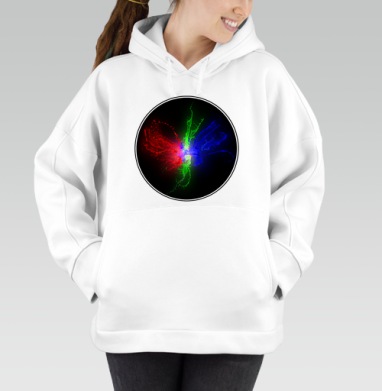Мощный всплеск RGB цвета в динамике, Толстовка / Женская/ Оверсайз / Начес / Белая / C принтом