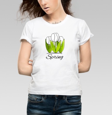 Белые тюльпаны и зелёные листья весна надпись Spring, Футболка женская белая 180гр