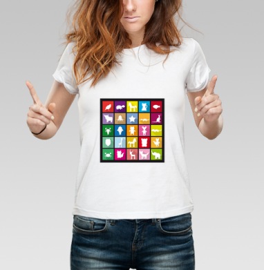 Яркий набор иконок с животными в стиле flat design, Футболка женская белая 180гр