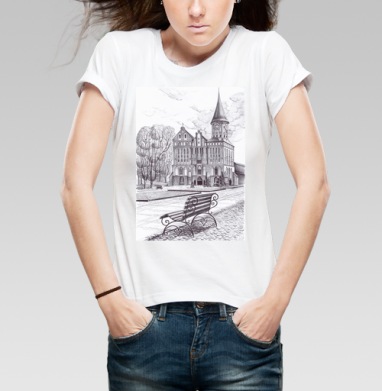 Старая крепость с часами и пустая скамейка в парке, Футболка женская белая 180гр