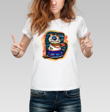 Кошка в мексиканском костюме Viva la Frida, Футболка женская белая 180гр