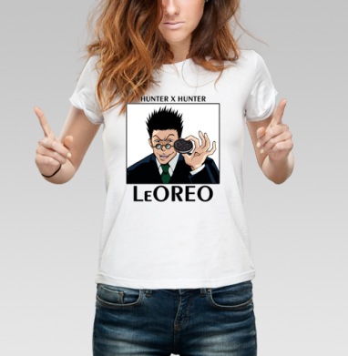 Леорио персонаж с печеньем орео из аниме Hunter x Hunter, Футболка женская белая 180гр