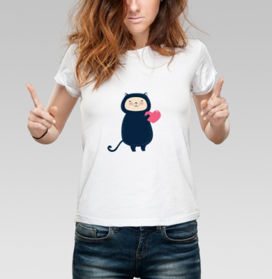Милый котик с розовым сердцем в kawaii стиле, Футболка женская белая 180гр
