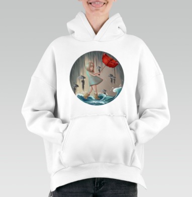 Девушка в бурю с ярким красным зонтом и жёлтыми сапогами - Hoodie Mjhigh White, утепленная, страница 7