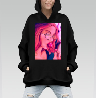 Женщина с розовыми волосами и красным леденцом - Hoodie Mono, черная, оверсайз, утепленная, страница 2