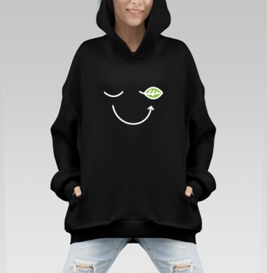 Символ зелёного листа с уникальным узором W - Hoodie Mono, черная, оверсайз, утепленная, страница 2