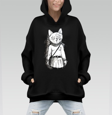 Стильная антропоморфная кошка SweetKind – арт-иллюстрация - Hoodie Mono, черная, оверсайз, утепленная, страница 6