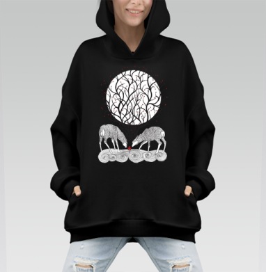 Два красных оленя возле клена над ветвями дерева - Hoodie Mono, черная, оверсайз, утепленная, страница 7