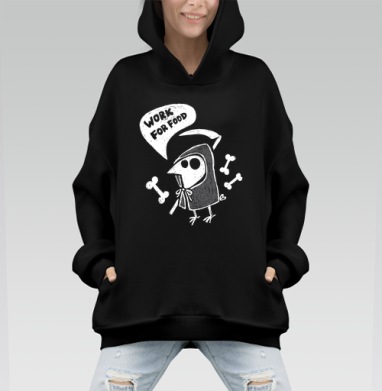 Мрачный жнец птица крошечная в балахоне WORK FOR FOOD - Hoodie Mono, черная, оверсайз, утепленная, страница 7