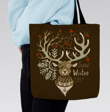 Снежный зимний олень с моноклем и ягодами, Сумка с ручкой и внутренним карманом на молнии
