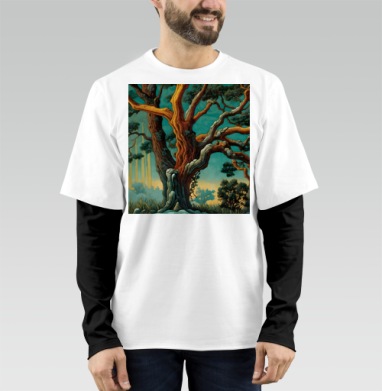 Golden tree in turquoise forest / Золотое дерево в бирюзовом лесу, Футболка мужская лонгслив OneOne